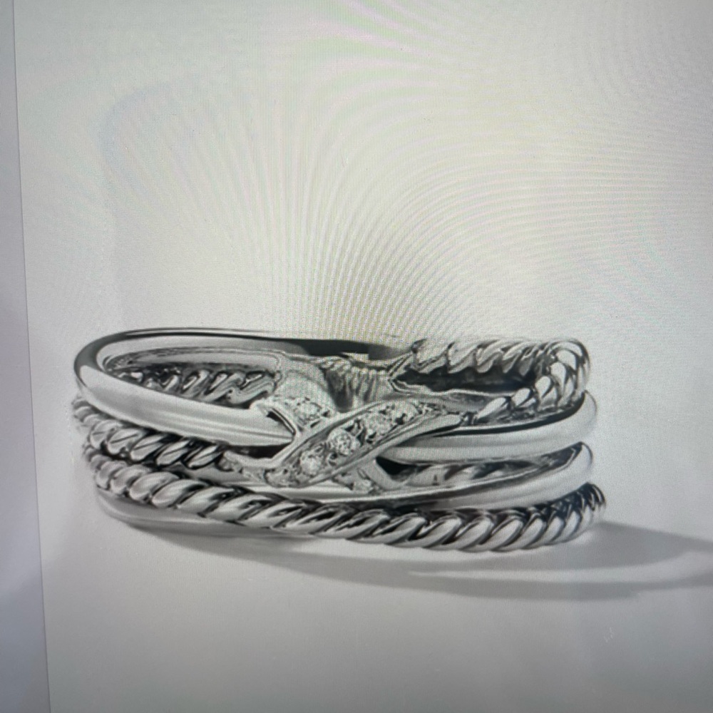 Authentic David Yurman Silver X Crossover Band with Pave Diamonds. Size 7